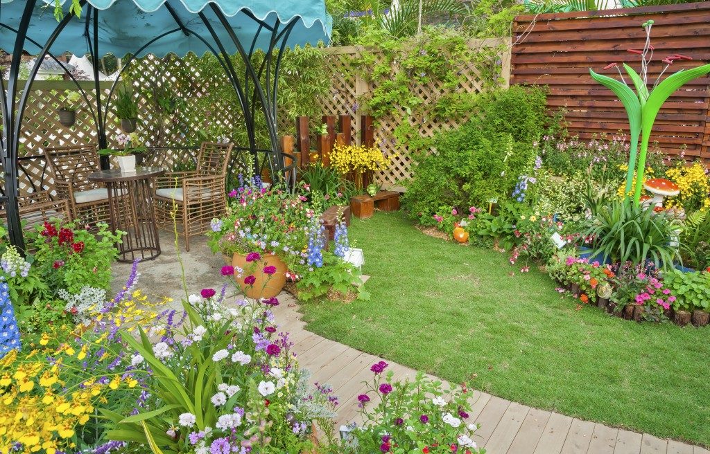 a home garden with patio