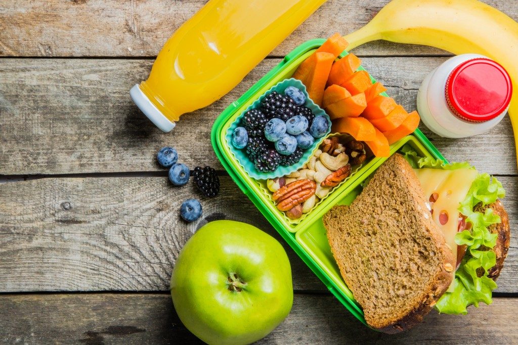 healthy packed lunch with juice