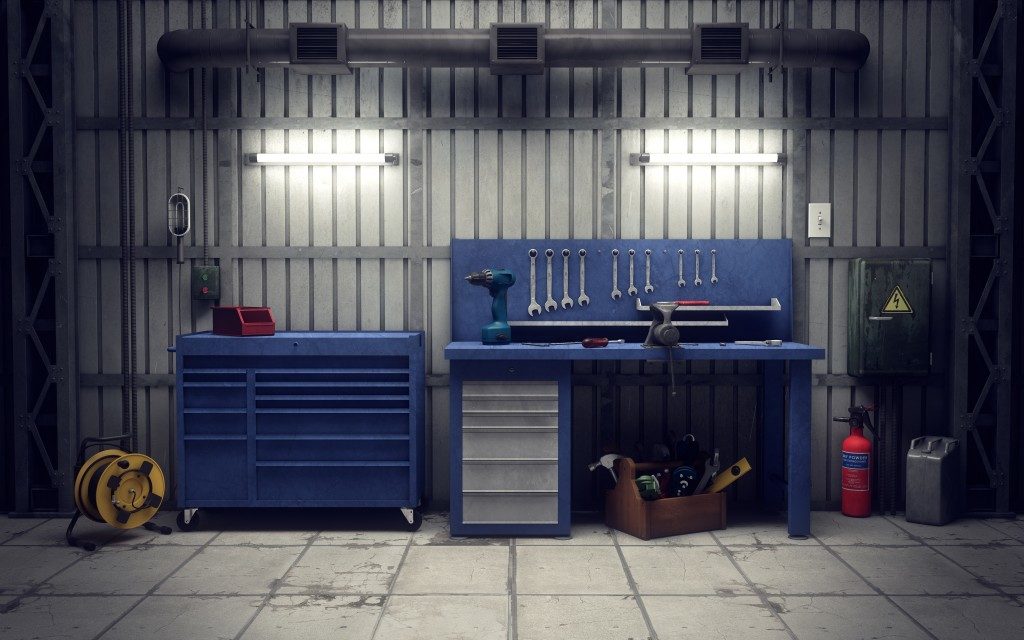 blue storage cabinets in garage