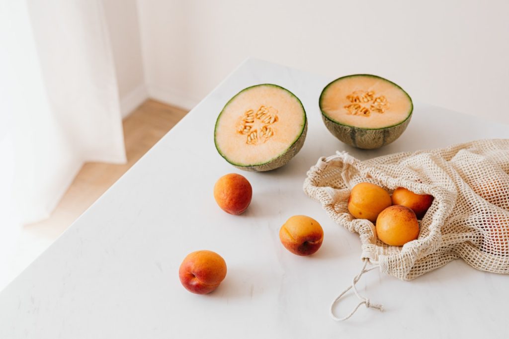 grocery items in a reusable bag