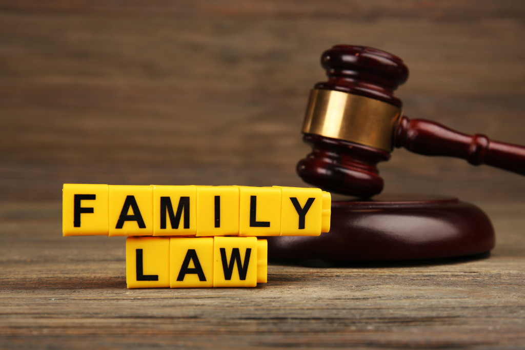 A gavel and blocks with letters regarding child-custody and family-law concept