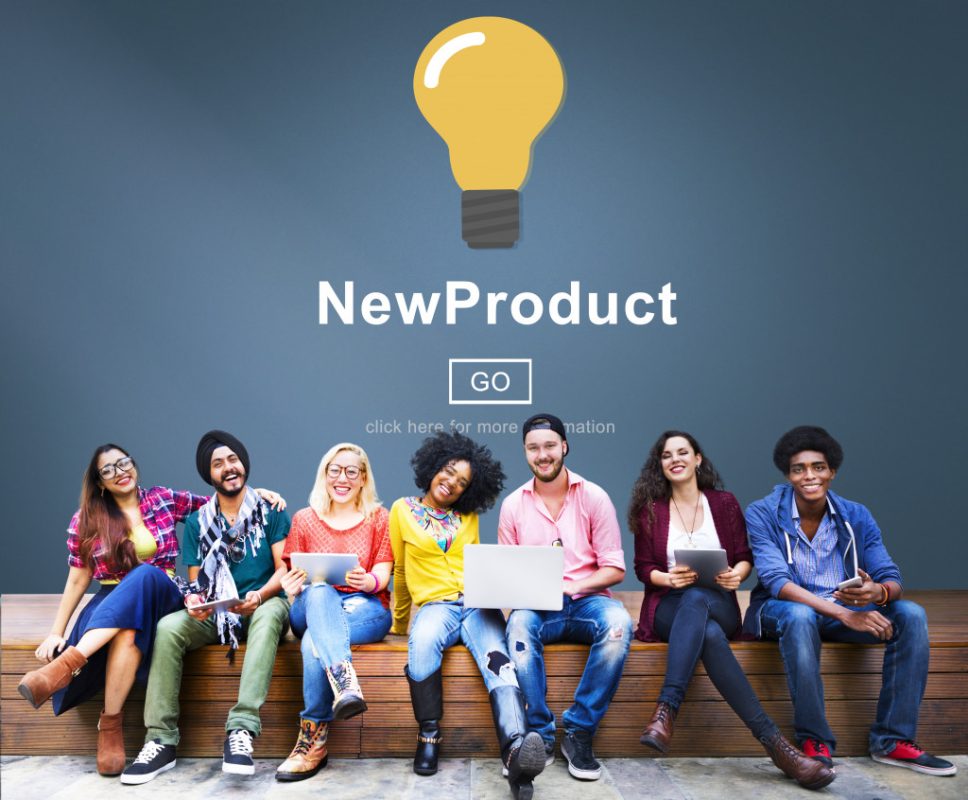 People sitting on under a lightbulb with New Product concept